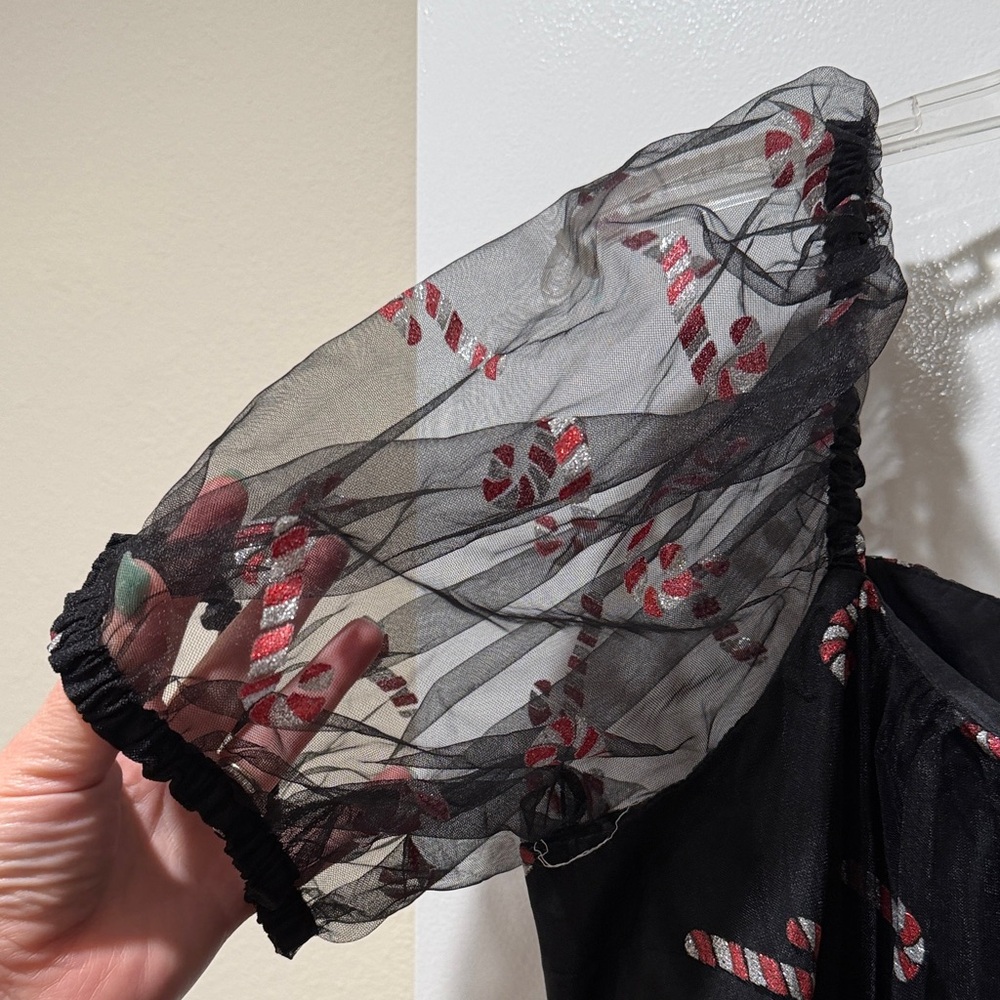 Unique Vintage Black Tulle Mini Dress with Candy Cane Print - Picture 6 of 9
